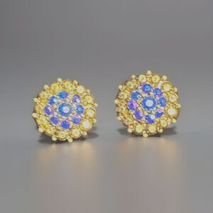 Vintage Blue Button Earrings Antique Gold Tone Jewelry